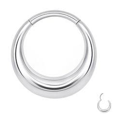 a pair of stainless steel hoops on a white background with an earring in the middle