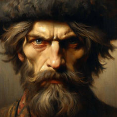 an oil painting of a man with a beard wearing a black hat and fur on his head