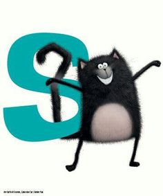 the letter s is for black cat with white paws and tail, standing on its hind legs