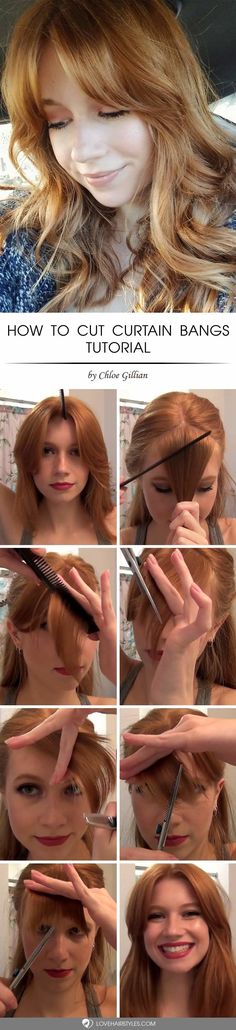 Adding Bangs To Long Hair, Diy Curtain Bangs Long Hair, Curtain Bangs Short Hair Diy, Curtain Bangs Diy Tutorials, How To Give Yourself Curtain Bangs, How To Cut A Fringe At Home, How To Bangs Cut Tutorials, How To Curtain Bangs Tutorial, Curtain Bangs Diy Cut