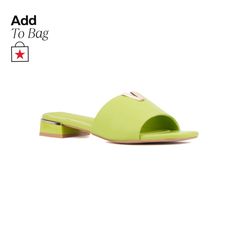 in stock Green Evening Mules For Summer, Green Flat Sandals For Evening, Elegant Green Mules For Summer, Green Summer Evening Mules, Elegant Green Summer Mules, Spring Green Jelly Sandals In Synthetic, Comfortable Non-slip Green Sandals, Green Textured Sole Spring Sandals, Lime Green Open Toe Heels For Summer