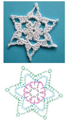 two pictures with different colored crochet designs on them, one has a snowflake and the other has an ornament