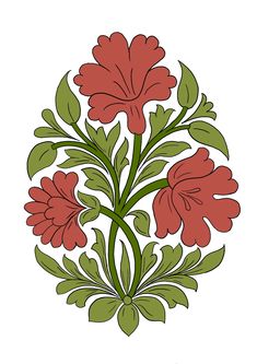 a red flower with green leaves in the shape of a circle on a white background