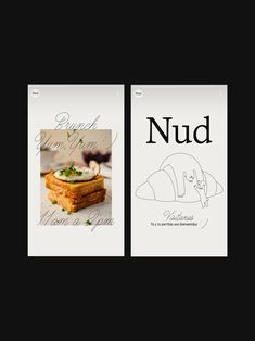 two menus with food on them are shown in black and white, one is for nud