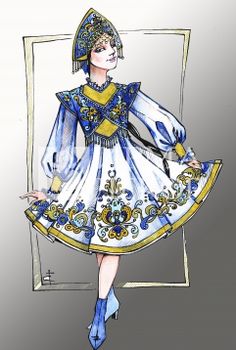 a drawing of a woman in a blue and white dress with gold trimmings