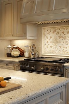 a stove top oven sitting inside of a kitchen next to a cutting board with fruit on it