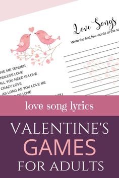 valentine's game for adults with love song and notes on the front, in pink