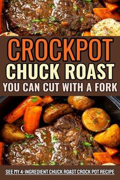 4-Ingredient Crock Pot Chuck Roast - THE best chuck roast crockpot roast with gravy for a simple crock pot family meal. If you need cheap dinners for a family this dump and go slow cook roast dinner with vegetables is perfect! Chuck Roast Crock Pot, Easy Crockpot Dump Meals, Chuck Roast Crock Pot Recipes, Roast Beef Crock Pot Recipes, Roast Crock Pot Recipes, Delicious Pot Roast, Roast Crock Pot, Crock Pot Roast, Crockpot Pot Roast