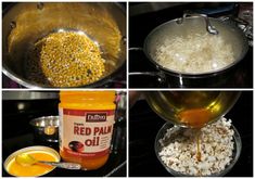 there are four pictures showing how to make red pail oil and what to use it