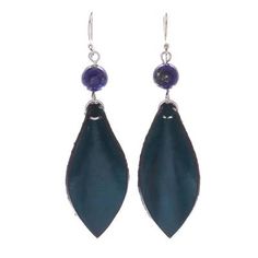 Working with leather Thai artisan Chaloemphon creates fabulous jewelry with contemporary flair. These earrings feature supple leather petals in blue-green topped by polished beads of lapis lazuli. The earrings swing from polished sterling silver hooks. Elegant Teardrop Leather Jewelry, Everyday Blue Leather Jewelry, Green Leather Dangle Jewelry, Green Leather Dangle Earrings, Elegant Blue Leather Jewelry, Handmade Blue Leather Earrings, Blue Bohemian Leather Earrings, Bohemian Blue Leather Earrings, Blue Leather Bohemian Earrings