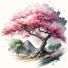 a painting of a pink tree with mountains in the background and watercolor on paper