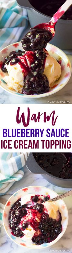 blueberry sauce on top of ice cream topping in a bowl with a spoon next to it