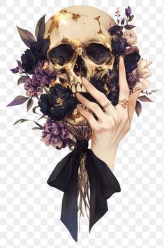 a skull with flowers on it's head and hands holding it up to the camera