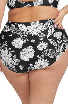 A black-and-white floral pattern makes an artistic statement on high-waist bikini bottoms that provide full back coverage and 360 degrees of powermesh support. Full back coverage   Powermesh lining   82% recycled nylon, 18% elastane   Hand wash, dry flat   Imported Black Floral Print Tankini For Poolside, High-waisted Printed Black Bottoms, High Waist Black Printed Bottoms, Black Stretch Swimwear With Floral Print, Printed Black Tankini Beachwear, Black Floral Print Tankini For Pool, Printed Black Tankini For Swimming, Printed Black Beachwear Bottoms, Black Printed Beachwear Bottoms