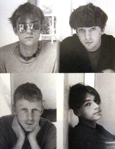 four black and white photos of young men with glasses on their faces, one looking at the camera