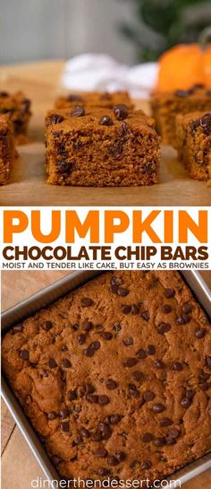 pumpkin chocolate chip bars with text overlay