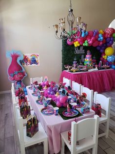 the table is set up for a birthday party