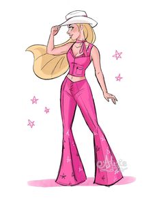 a drawing of a woman in pink with stars on her chest and long hair wearing a hat