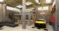 a yellow sports car is parked in the middle of a room with exposed ceilings and large windows