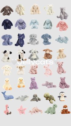 many different stuffed animals are shown in the same color and size as well as each other