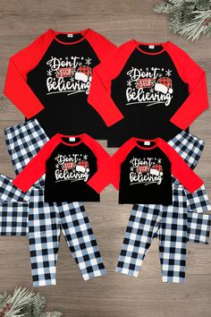 *Adult & child sets sold separately Pajama set comes with long sleeve top and pair of pants "Don't Stop Believing" design lends sweet, seasonal charm Ultra soft fabric provides cozy all-night comfort Perfect for family Holiday pictures by the tree, or relaxing movie nights in Gift your family's wardrobe a seasonally sweet vibe with these "Don't Stop Believing" Festive Family Pajamas. These pajama sets come with a red & black long sleeve top and pair of black & white buffalo plaid bottoms. Both p Family Holiday Pictures, Flannel Skirt, Mommy Daughter Outfits, Dont Stop Believing, Sparkle In Pink, Matching Christmas Pajamas, Matching Pjs, Green Flannel, Holiday Pictures