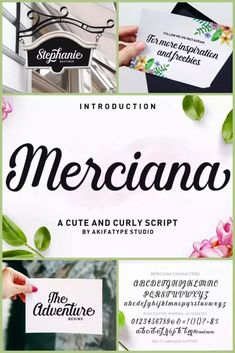 an advertisement for merciana, a cute and curvy script font with flowers