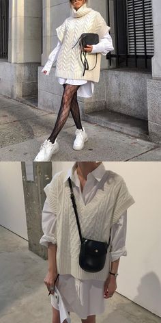 Sweater Style Outfits, Tennis Skirt Outfit, Woman Sweater, Fashion Tights, Loose Outfit, Vest Outfits, Mode Inspo, Woman Fashion, Fashion Woman