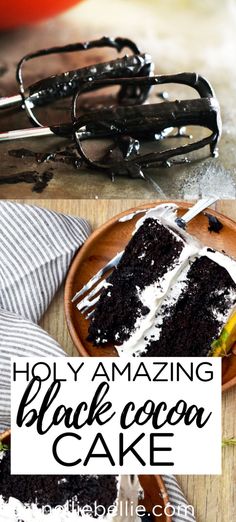 a slice of cake on a plate with the words, how amazing is black cocoa cake?