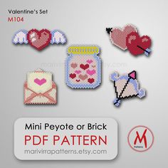 There are 5 PDF file with a Valentine's Day love hearts brick stitch bead pattern for earrings, brooch pin or pendant necklace. Designs created on a peyote chart can be rotated to weave as brick stitch. You can download it from Etsy right after the payment transaction. To create a pair of earrings you need to repeat the pattern twice. File includes: 1. A bead legend includes the color numbers and count of the Miyuki delica 11/0 beads size for the suggested length 2. The pattern design 3. A large Frog Brick Stitch, Frog Beads, Tiny Designs, Art Perle, Bead Loom Designs, Bead Pattern, Bead Loom Patterns, Fuse Beads, Beaded Jewelry Patterns