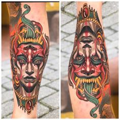 two tattoos on the legs of people with different colored faces and body parts, one has a snake in his mouth