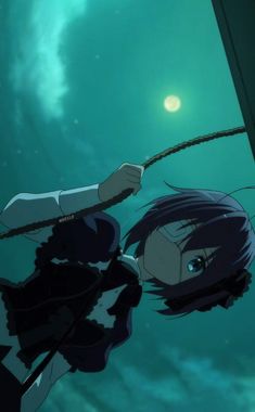 an anime character holding on to a rope in the water with her eyes wide open