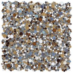 an abstract mosaic pattern made up of circles and dots on white paper with brown, blue,