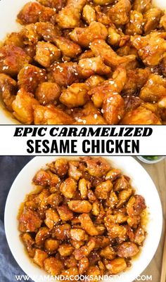 two pictures with the same chicken in different sauces, and one has sesame seeds on top