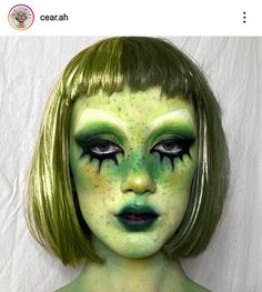 Green Alien Makeup Pretty, Green Monster Makeup, Green Face Makeup, Swamp Monster Makeup, Green Makeup Halloween, Green Clown Makeup, Goblin Makeup