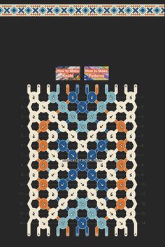 a cross stitch pattern in blue, orange and white on a black background with text