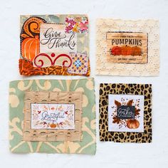 four quilted squares with different designs and words on them, all decorated in animal print