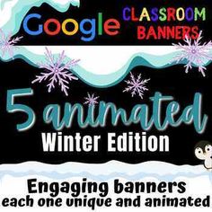 an animated winter banner with penguins and snowflakes in the background for google classroom banners