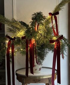 a potted plant with red ribbon around it on a table in front of a door