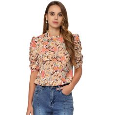 Vintage-inspired floral prints blossom on this chiffon blouse which completes with gracefully puff half sleeves. This floral-printed chiffon blouse offers a romantic look with its ruffle trim neck. Short ruched sleeves and a sweet frill trim mock neck elevate this blossom-scattered top to a summer must-have. Good options for parties, sweet dating, shopping, festivals, banquets, office outfit, casual wear, and daily outfit. Printed Chiffon Blouse, Chiffon Tops Blouses, Chiffon Blouses, Chiffon Tank Tops, Womens Tops Dressy, Elegant Blouses, Pink Outfits, Floral Ruffle, Chiffon Blouse