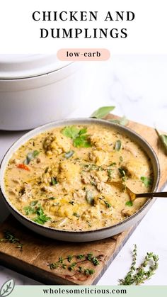 chicken and dumplings in a white bowl on a cutting board with text overlay