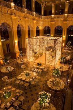 an overhead view of a banquet hall with tables and chairs set up for a formal function