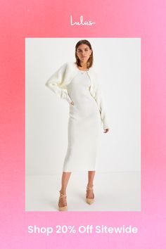 Cooler temps are here, and we're so ready to style our favorite pieces with the Lulus Aesthetic Season Ivory Ribbed Two-Piece Dress & Cardigan Set! Stretchy ribbed sweater knit shapes this stylish dress that has a sleeveless bodice with wide tank straps and a crew neckline. Fitted silhouette hugs the waist, continuing into a bodycon skirt that ends at a midi hem. Kick pleat at back. Matching shrug-style long sleeve cardi sweater adds a cozy finish, for a 'fit you'll be styling all season long! Fit: This garment fits true to size. Length: Mid-calf length. Size medium measures 50.5" from shoulder to hem. Bust: Great for any cup size. Waist: Fitted - stretchy fabric allows custom fit. Hip: Fitted - stretchy fabric allows room for hips. Undergarments: May be worn with a strapless bra, adhesive Chic Ribbed Cardigan For Day Out, Chic White Ribbed Outerwear, Chic Ribbed Cardigan, Chic Ribbed Cardigan For Spring, Elegant Ribbed Spring Cardigan, Chic Fitted Cream Cardigan, Elegant White Ribbed Cardigan, Elegant Ribbed Spring Outerwear, Elegant Ribbed Outerwear For Spring