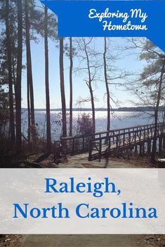 a book cover with the words, raleigh, north carolina in front of trees and water