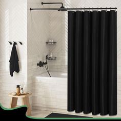 a black shower curtain in a bathroom