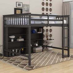 a loft bed with a desk underneath it in a room that has hardwood floors and white walls