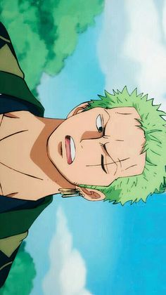 an anime character with green hair looking up at the sky