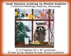 a raccoon looking out the window eating food and drinking water from a glass