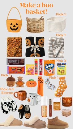 a poster with various items that include pumpkins, shoes and other things to make a boo basket