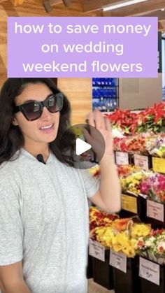 a woman is standing in front of flowers with the words how to save money on wedding weekend