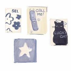 four magnets with cats and stars on them, one has a cell phone in the shape of a cat